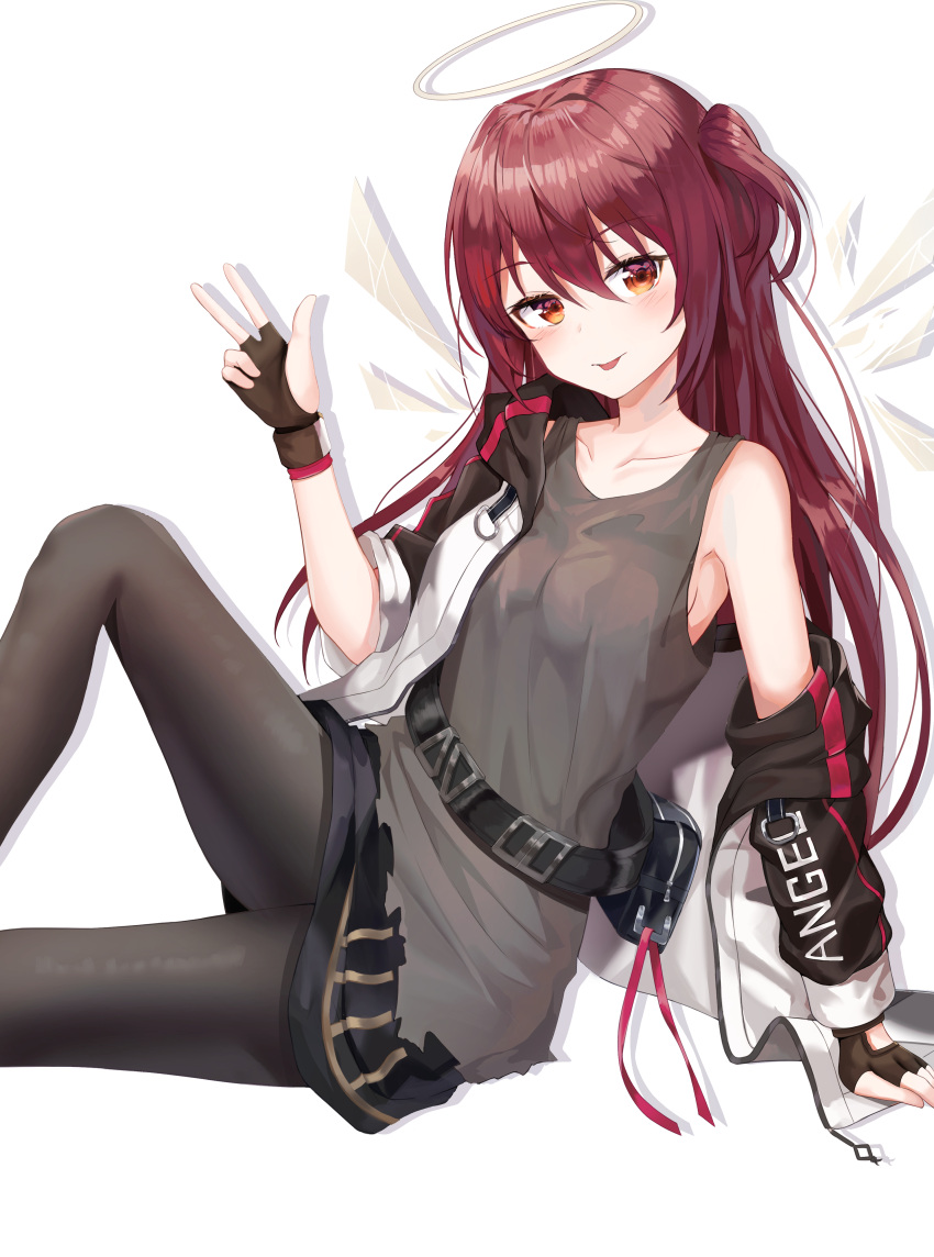 1girl :p absurdres alternate_hair_length alternate_hairstyle arknights arm_support bangs belt black_belt black_gloves black_legwear black_skirt collarbone commentary exusiai_(arknights) fingerless_gloves gloves grey_tank_top ha_en hair_between_eyes halo hand_up head_tilt highres jacket knee_up long_hair long_sleeves looking_at_viewer miniskirt one_side_up open_clothes open_jacket orange_eyes pantyhose pouch redhead simple_background sitting skirt smile solo tank_top tongue tongue_out very_long_hair w white_background