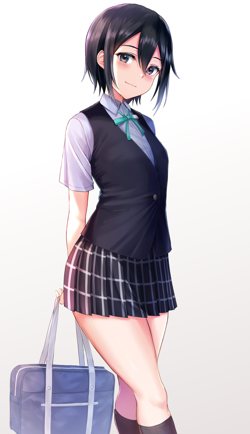 1girl absurdres bag black_hair hair_between_eyes highres love_live! love_live!_nijigasaki_high_school_idol_club miniskirt nijigasaki_academy_uniform nijigasaki_drama_club_president plaid plaid_skirt rama_(yu-light8) school_bag school_uniform short_hair skirt solo thighs white_background