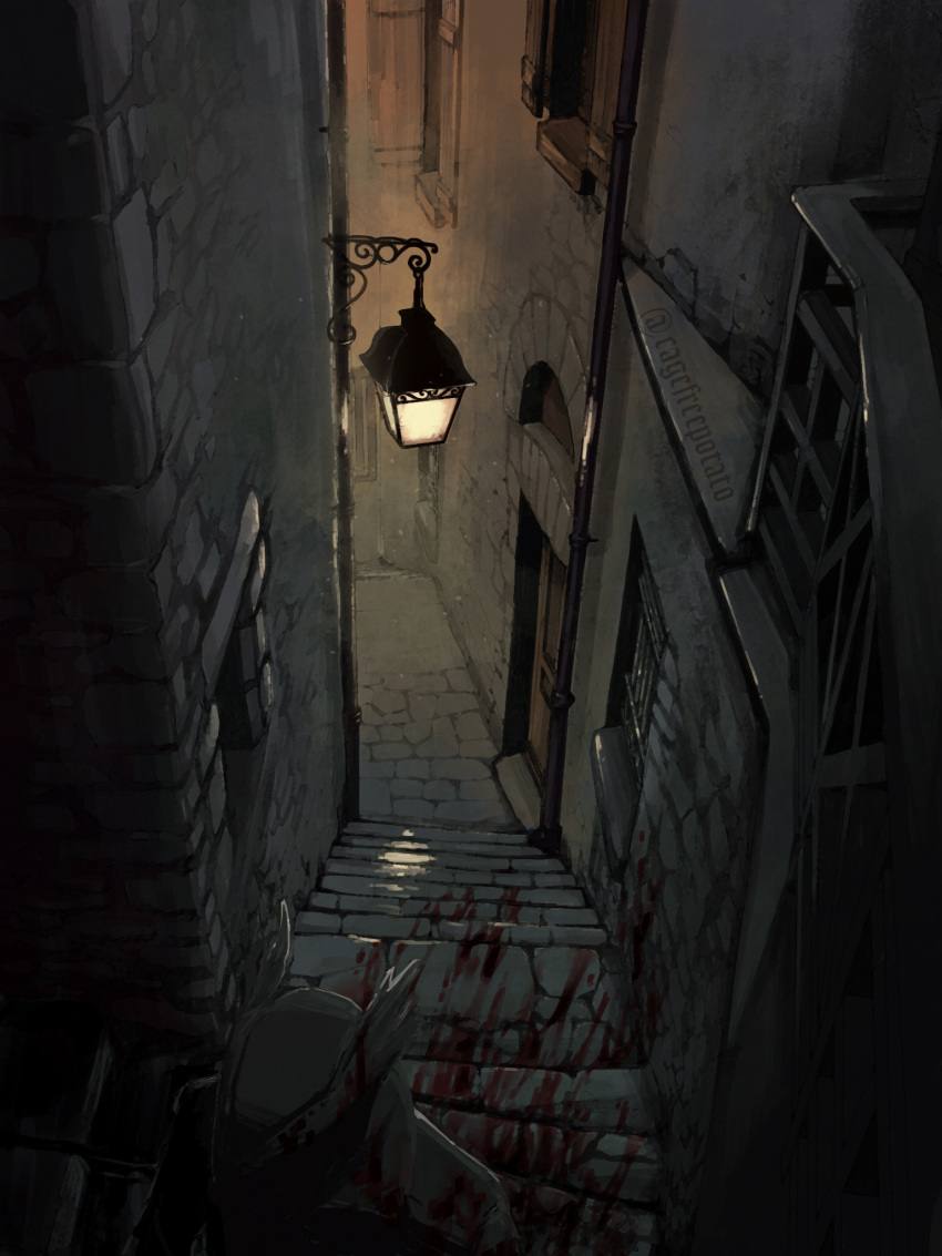 1other alley black_coat black_headwear blood blood_splatter bloodborne bloody_clothes building cagefreepotato coat commentary door faceless hat highres hunter_(bloodborne) lamp outdoors pipe scenery solo stairs tricorne twitter_username upper_body window