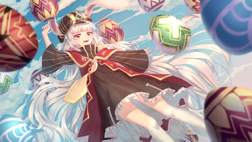 1girl :d absurdres animal_ears black_headwear black_skirt blue_sky chi_yei day easter_egg egg frilled_skirt frills hand_up highres leah_(sdorica) long_hair open_mouth outdoors rabbit_ears red_eyes sdorica skirt sky smile very_long_hair white_hair wide_sleeves
