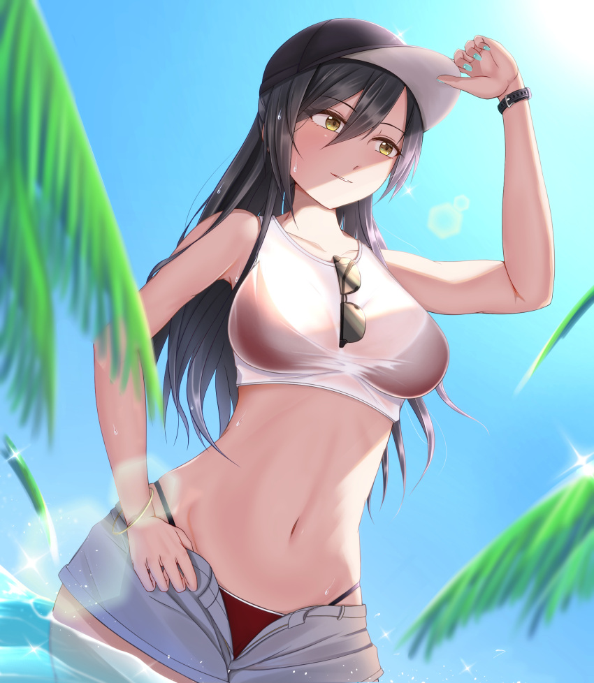 1girl adjusting_clothes adjusting_headwear bare_shoulders baseball_cap bikini bikini_under_clothes black_hair black_headwear blue_sky bracelet breasts brown_eyes commentary_request day eyewear_hang eyewear_removed hat highres idolmaster idolmaster_shiny_colors jewelry large_breasts long_hair midriff moriyama_a navel ocean open_clothes open_shorts outdoors palm_tree partially_submerged red_bikini see-through shirase_sakuya shirt short_shorts shorts sky sleeveless sleeveless_shirt solo sparkle sunglasses swimsuit tree watch watch water wet white_shirt