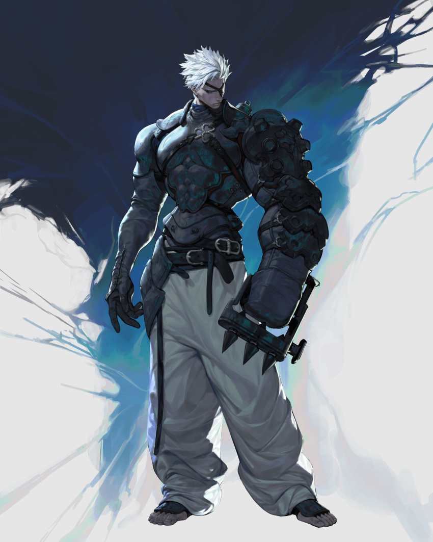 1boy absurdres aura barefoot belt black_belt brass_knuckles breastplate closed_mouth contrapposto dark_skin dark_skinned_male eyepatch full_body grey_pants highres jaeyeong male_focus multiple_belts one_eye_covered original oversized_forearms oversized_limbs pants solo standing toenails weapon white_hair