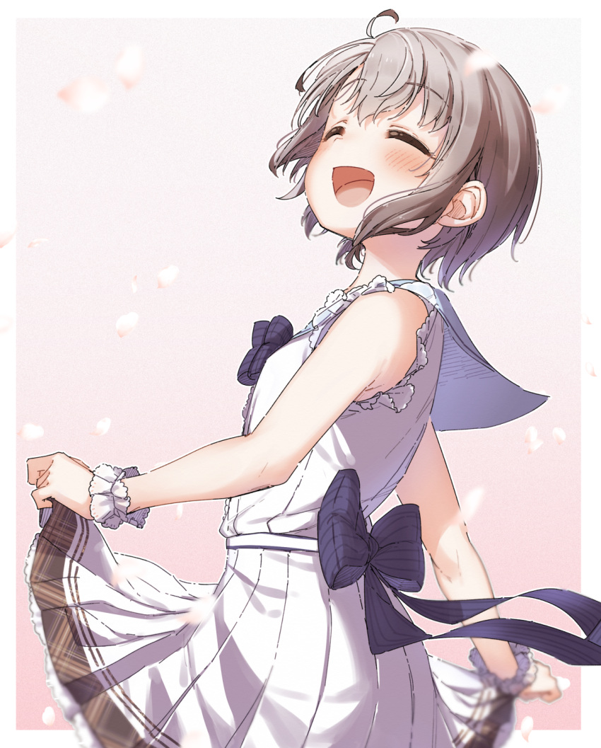 1girl :d ^_^ ahoge bangs bare_shoulders blue_bow blue_sailor_collar blush bow closed_eyes dress eyebrows_visible_through_hair grey_hair highres idolmaster idolmaster_cinderella_girls narumiya_yume open_mouth pleated_dress sailor_collar sailor_dress sleeveless sleeveless_dress smile solo striped striped_bow white_dress wrist_cuffs yukie_(kusaka_shi)