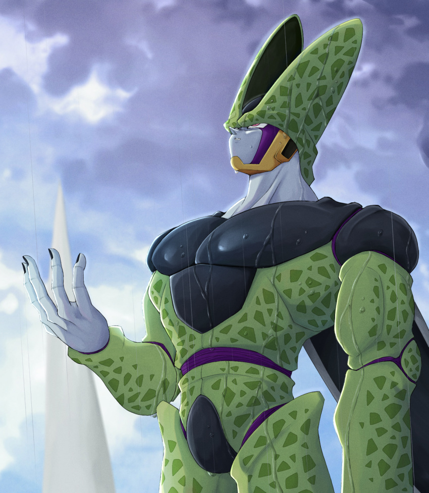 1boy arm_at_side black_nails cell_(dragon_ball) clouds commentary_request dragon_ball dragon_ball_z hand_up highres looking_up male_focus muscle parted_lips perfect_cell pink_eyes rain sky solo takumi1230g teeth water wet wings