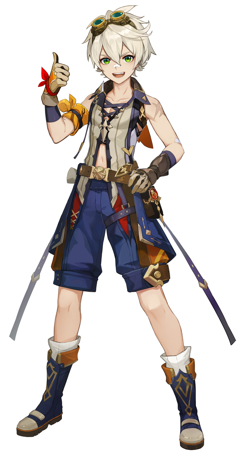 1boy absurdres bandaid bandaid_on_nose belt bennett_(genshin_impact) boots bracelet full_body genshin_impact gloves goggles goggles_on_head highres jewelry navel official_art open_mouth scar solo teeth transparent_background vision_(genshin_impact) white_hair