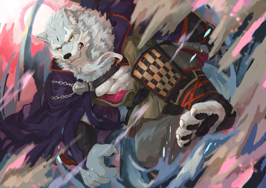 1boy absurdres bara cape demon_king_fish furry greaves highres law_(sdorica) looking_at_viewer motion_blur muscle outdoors pants purple_cape sdorica solo wolf yellow_eyes