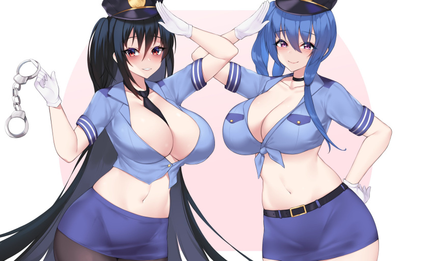 2girls arm_up azur_lane bangs belt between_breasts black_hair black_headwear black_neckwear blue_hair blue_shirt breasts choker closed_mouth collarbone commentary cowboy_shot cuffs gloves hair_between_eyes hand_on_hip hand_up handcuff_dangle handcuffs hat highres kuavera long_hair multiple_girls navel necktie necktie_between_breasts parted_lips pink_background pink_eyes police police_hat police_uniform red_eyes shirt short_sleeves smile st._louis_(azur_lane) taihou_(azur_lane) tied_shirt uniform very_long_hair white_background white_gloves