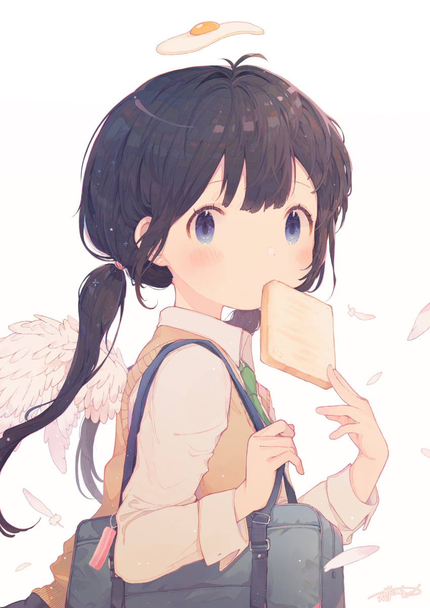 1girl amakawatamawono angel_wings bag black_hair blue_eyes blush egg feathers food food_in_mouth halo highres looking_at_viewer mouth_hold original school_bag school_uniform shoulder_bag simple_background solo toast toast_in_mouth twintails vest white_background wings