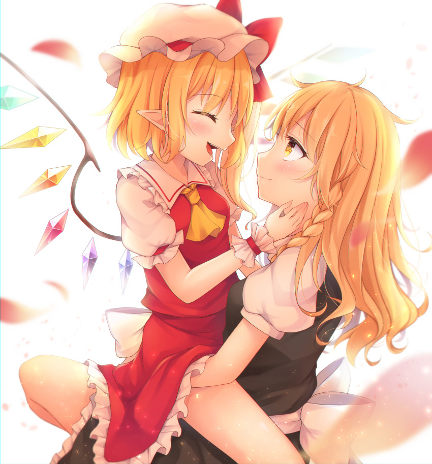 2girls absurdres apron ascot bare_legs black_dress blonde_hair blush bow braid closed_eyes commentary_request crystal curly_hair dress facing_another fang flandre_scarlet frilled_dress frilled_skirt frills hand_on_another's_cheek hand_on_another's_face hand_on_another's_hip hand_under_clothes happy hat hat_ribbon highres hug kirisame_marisa long_hair looking_at_another medium_hair miy@ multiple_girls open_mouth petals puffy_short_sleeves puffy_sleeves red_ribbon red_skirt red_vest ribbon shirt short_sleeves side_ponytail single_braid sitting sitting_on_lap sitting_on_person skirt smile thighs touhou vampire vest waist_apron white_apron white_bow white_shirt wings yellow_eyes yellow_neckwear yuri