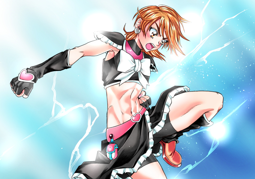1girl abs armpits bangs bike_shorts black_gloves black_shirt black_skirt black_sleeves blue_background blush bow breasts brown_eyes brown_hair clenched_hands commentary_request cowboy_shot crop_top cure_black detached_sleeves earrings eyebrows_behind_hair fingerless_gloves folded_leg futari_wa_precure gloves groin hair_between_eyes heart heart_earrings highres jewelry leg_warmers magical_girl midriff navel open_mouth pink_nails pouch precure red_footwear saradaver shirt shoes short_hair shorts shorts_under_skirt sidelocks skirt sleeveless sleeveless_shirt small_breasts solo standing standing_on_one_leg swept_bangs upper_teeth white_bow