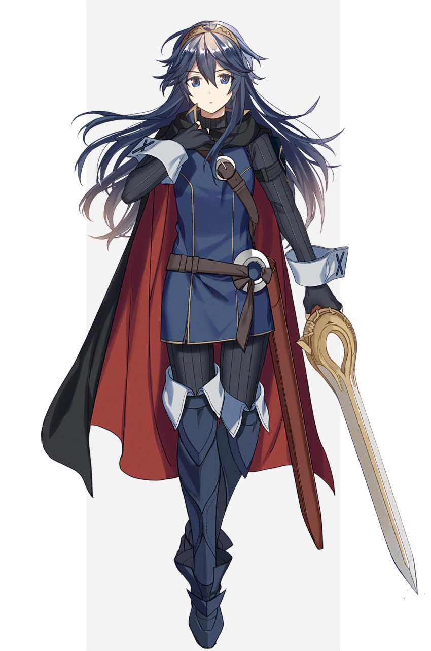 1girl armored_boots belt belt_buckle black_cape black_gloves black_sweater blue_eyes blue_hair boots breastplate buckle cape commentary_request eyebrows_visible_through_hair falchion_(fire_emblem) fingerless_gloves fire_emblem fire_emblem:_kakusei fire_emblem_13 fire_emblem_awakening floating_hair full_body gloves hair_between_eyes highres holding holding_sword holding_weapon intelligent_systems long_hair looking_at_viewer lucina lucina_(fire_emblem) multicolored multicolored_cape multicolored_clothes nintendo parted_lips red_cape ribbed_sweater ryon_(ryonhei) simple_background solo sweater sword symbol-shaped_pupils tiara turtleneck turtleneck_sweater weapon