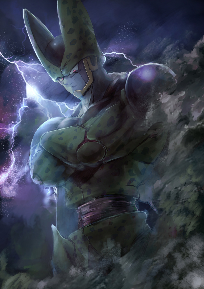 1boy absurdres blurry cell_(dragon_ball) closed_mouth commentary_request crossed_arms dragon_ball dragon_ball_z from_below greymon_(nodoame1215) highres lightning looking_down male_focus muscle outdoors perfect_cell pink_eyes shiny smile solo