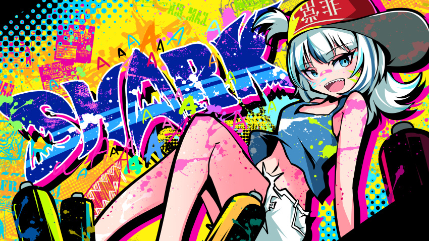 1girl absurdres alternate_costume bandaid bandaid_on_face bangs berryverrine blue_eyes blue_hair blue_tank_top clothes_writing eyebrows_visible_through_hair gawr_gura graffiti hat highres hololive hololive_english long_hair multicolored_hair one_side_up open_mouth paint_on_body paint_on_clothes paint_on_face red_headwear sharp_teeth shorts solo spray_can streaked_hair tank_top teeth virtual_youtuber white_hair white_shorts