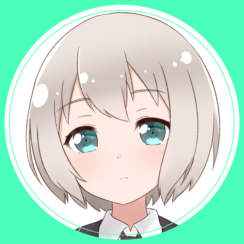 1girl aoba_moca bang_dream! bangs blush bob_cut closed_mouth collared_shirt commentary eyebrows_visible_through_hair green_background green_eyes grey_hair highres ixia_(ixia424) looking_at_viewer necktie portrait round_image school_uniform shirt short_hair solo symbol_commentary white_shirt