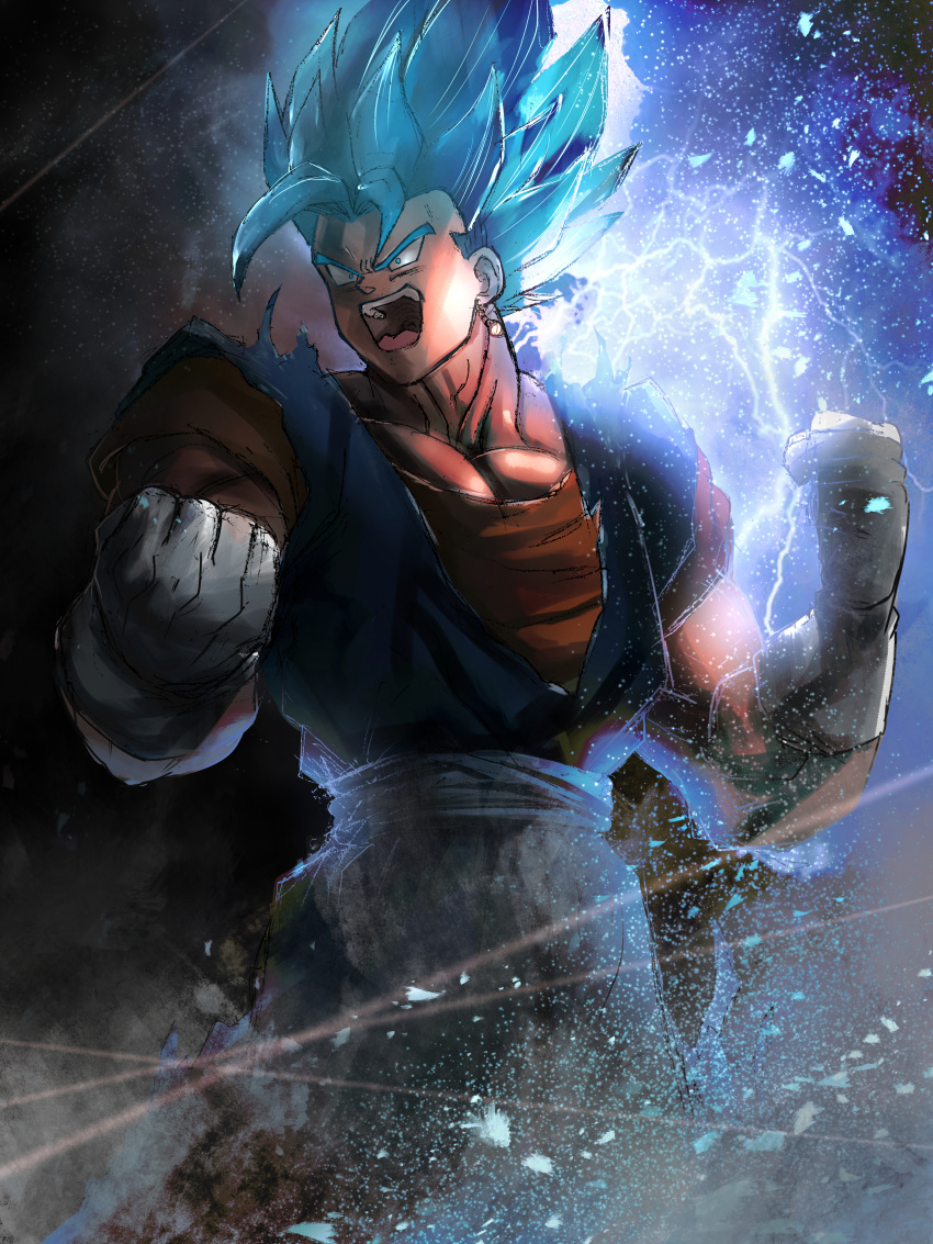 1boy absurdres blue_hair clenched_hands commentary_request dragon_ball dragon_ball_super earrings energy gloves greymon_(nodoame1215) hands_up highres huge_filesize jewelry looking_to_the_side male_focus muscle open_mouth orange_shirt sash shirt short_sleeves solo spiky_hair super_saiyan super_saiyan_blue teeth tongue vegetto white_gloves