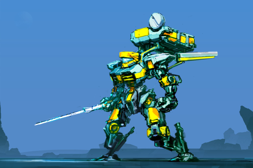 clenched_hand highres holding holding_sword holding_weapon ksenolog leaning_forward looking_ahead mecha original science_fiction solo standing sword visor wasteland weapon
