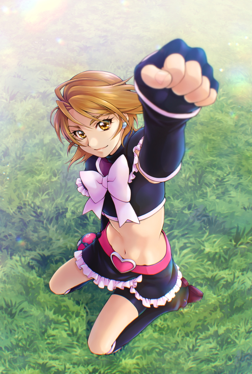 1girl aizen_(syoshiyuki) bangs bike_shorts black_capelet black_gloves black_shirt black_skirt black_sleeves bow brown_eyes brown_hair capelet commentary_request crop_top cure_black detached_sleeves earrings eyebrows_visible_through_hair fingerless_gloves fist_pump foreshortening full_body futari_wa_precure gloves grass groin hair_between_eyes heart heart_earrings highres jewelry leg_warmers lens_flare looking_at_viewer magical_girl midriff navel pink_bow precure red_footwear ribbon seiza shirt shoes short_hair shorts shorts_under_skirt sidelocks sitting skirt sleeveless sleeveless_shirt smile solo swept_bangs