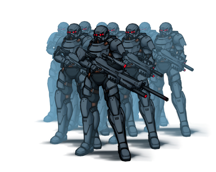 armor commission crowd english_commentary extra_eyes glowing glowing_eyes gun highres holding holding_gun holding_weapon military original pinguinkotak power_armor red_eyes rifle science_fiction sniper_rifle weapon white_background