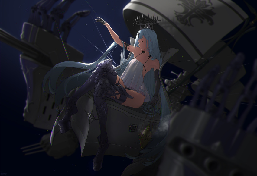 1girl absurdly_long_hair absurdres azur_lane black_gloves black_panties blue_hair champagne_(azur_lane) cross cross_hair_ornament crown dress elbow_gloves floating_headgear full_body gloves hair_ornament highres hoof_shoes iris_libre_(emblem) long_hair panties rigging short_dress single_elbow_glove single_half_glove sitting sleeveless sleeveless_dress solo string thurible turret underwear very_long_hair white_dress xia_oekaki