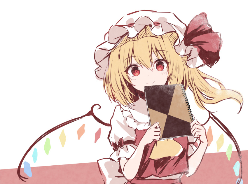 1girl :&gt; absurdres ascot blonde_hair blush bow commentary_request crystal dot_nose eyebrows_visible_through_hair flandre_scarlet frilled_shirt_collar frilled_sleeves frills hat hat_ribbon highres holding holding_sketchbook kure~pu midriff_peek mob_cap one_side_up puffy_short_sleeves puffy_sleeves red_background red_eyes red_ribbon red_vest ribbon short_hair short_sleeves side_ponytail sketchbook smile solo touhou two-tone_background upper_body vest white_background white_bow wings