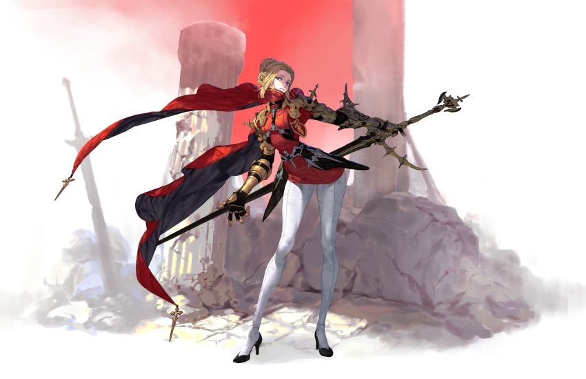 1girl absurdres black_footwear blonde_hair blue_eyes braid braided_bun cape column gauntlets grey_eyes high_heels highres holding holding_sword holding_weapon jacket jaeyeong leaning_forward looking_at_viewer original pants parted_lips pillar planted_sword planted_weapon red_cape red_jacket solo sword weapon white_pants