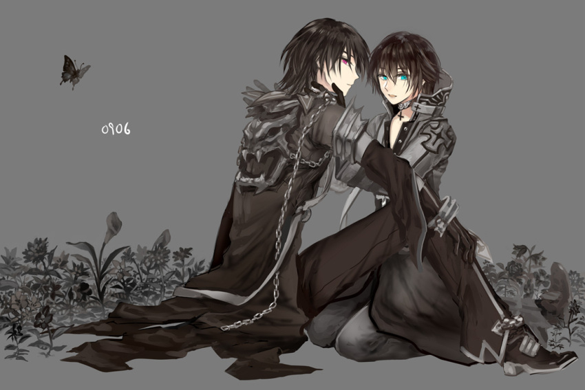 2boys archbishop_(ragnarok_online) bangs black_butterfly black_cape black_flower black_footwear black_gloves black_hair black_pants black_shirt blue_eyes bug butterfly cape cassock chain choker commentary cross dark_persona dated eyes_visible_through_hair flower gauntlets gloves grass grey_background hair_between_eyes hand_on_own_leg hands_on_another's_face insect limited_palette long_sleeves looking_at_viewer looking_back misuguu multiple_boys open_mouth pants ragnarok_online red_eyes seiza shirt short_hair simple_background sitting spot_color warlock_(ragnarok_online)