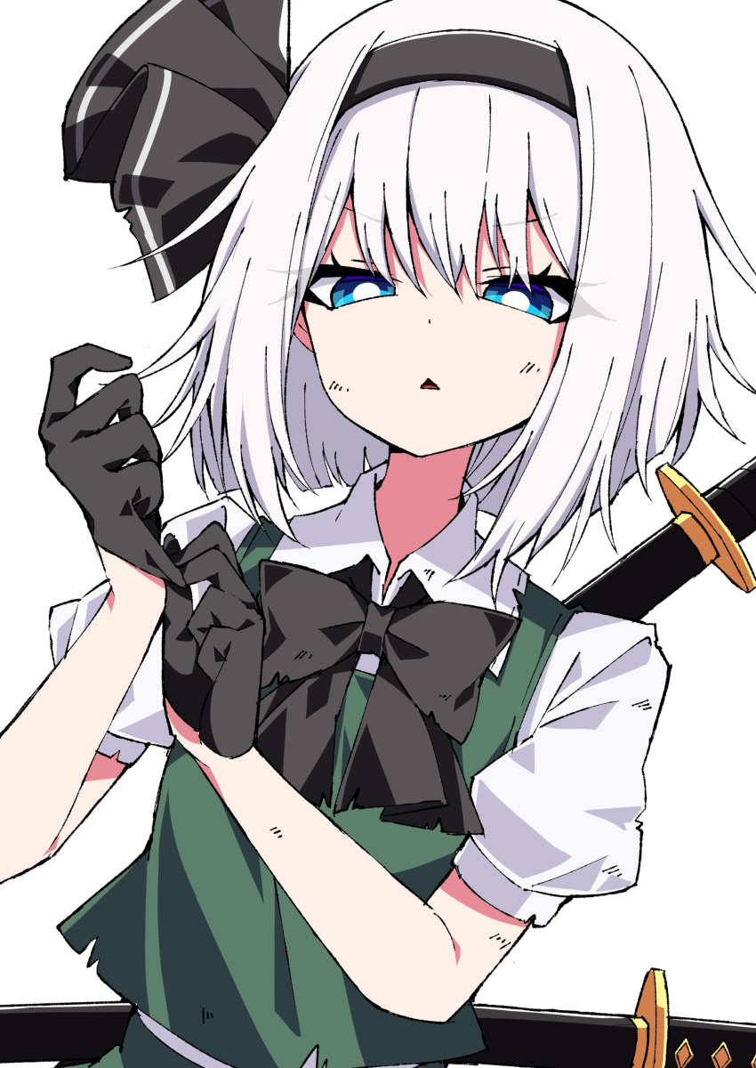 1girl absurdres adjusting_clothes adjusting_gloves bangs black_bow black_gloves black_hairband black_neckwear blue_eyes bow bright_pupils collared_shirt eyebrows_visible_through_hair gloves green_skirt green_vest hairband highres katana konpaku_youmu looking_at_viewer multiple_swords open_mouth puffy_short_sleeves puffy_sleeves scabbard sheath shirt short_hair short_sleeves silver_hair simple_background skirt skirt_set solo sword torn_clothes touhou tsukimirin upper_body v-shaped_eyebrows vest weapon white_background white_shirt