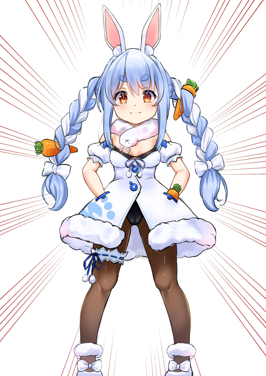 1girl absurdres animal_ears blue_hair bow braid brown_legwear bunny-shaped_pupils carrot_hair_ornament closed_eyes eyebrows_visible_through_hair food_themed_hair_ornament hair_bow hair_ornament hands_in_pockets highres hololive long_hair looking_at_viewer multicolored_hair pantyhose rabbit rabbit_ears red_eyes shoes smile solo standing symbol-shaped_pupils thick_eyebrows tomotomo_(awai) twin_braids two-tone_hair usada_pekora virtual_youtuber white_bow white_footwear white_hair