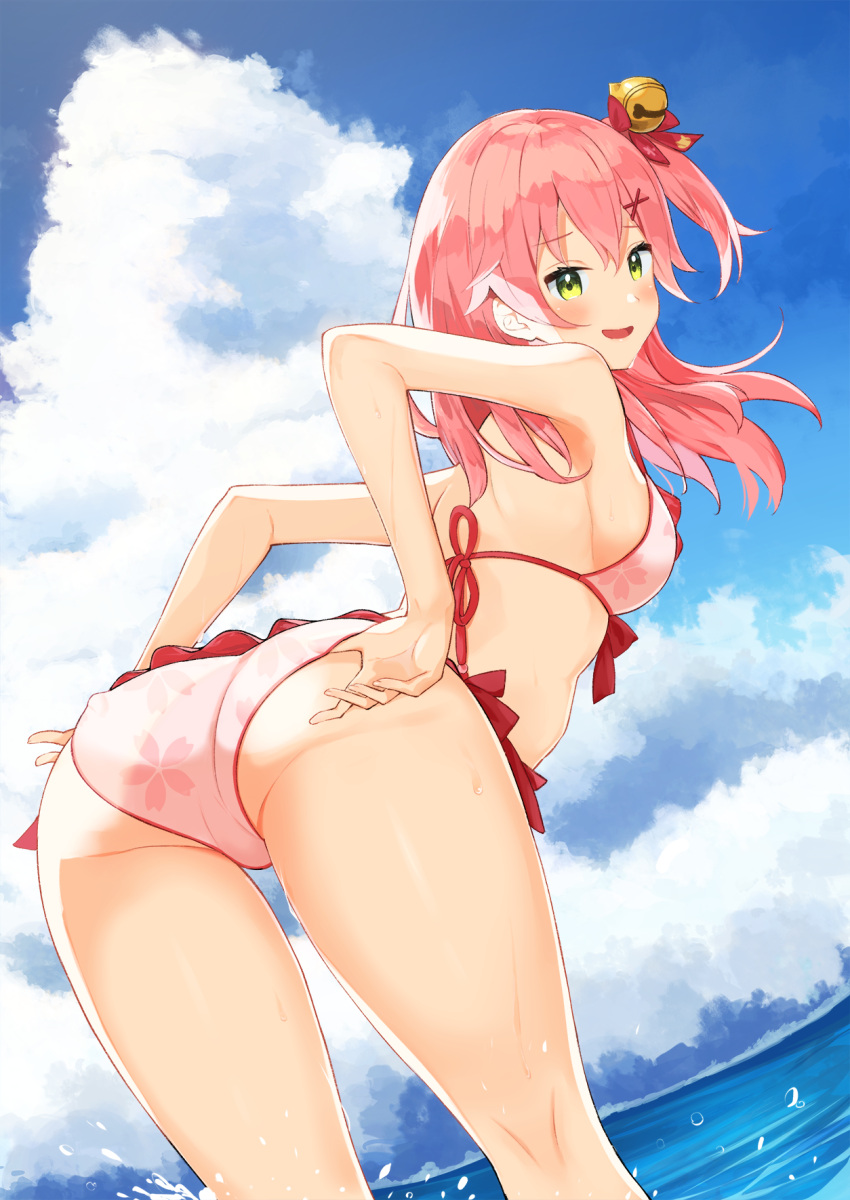 1girl adjusting_clothes adjusting_swimsuit armpits ass bell bikini blue_sky breasts cherry_blossom_print clouds commentary eyebrows_visible_through_hair floral_print from_behind green_eyes hair_bell hair_ornament hairclip halterneck highres hololive long_hair mirai_(mirai76_) ocean outdoors pink_bikini pink_hair sakura_miko sideboob sky swimsuit virtual_youtuber x_hair_ornament