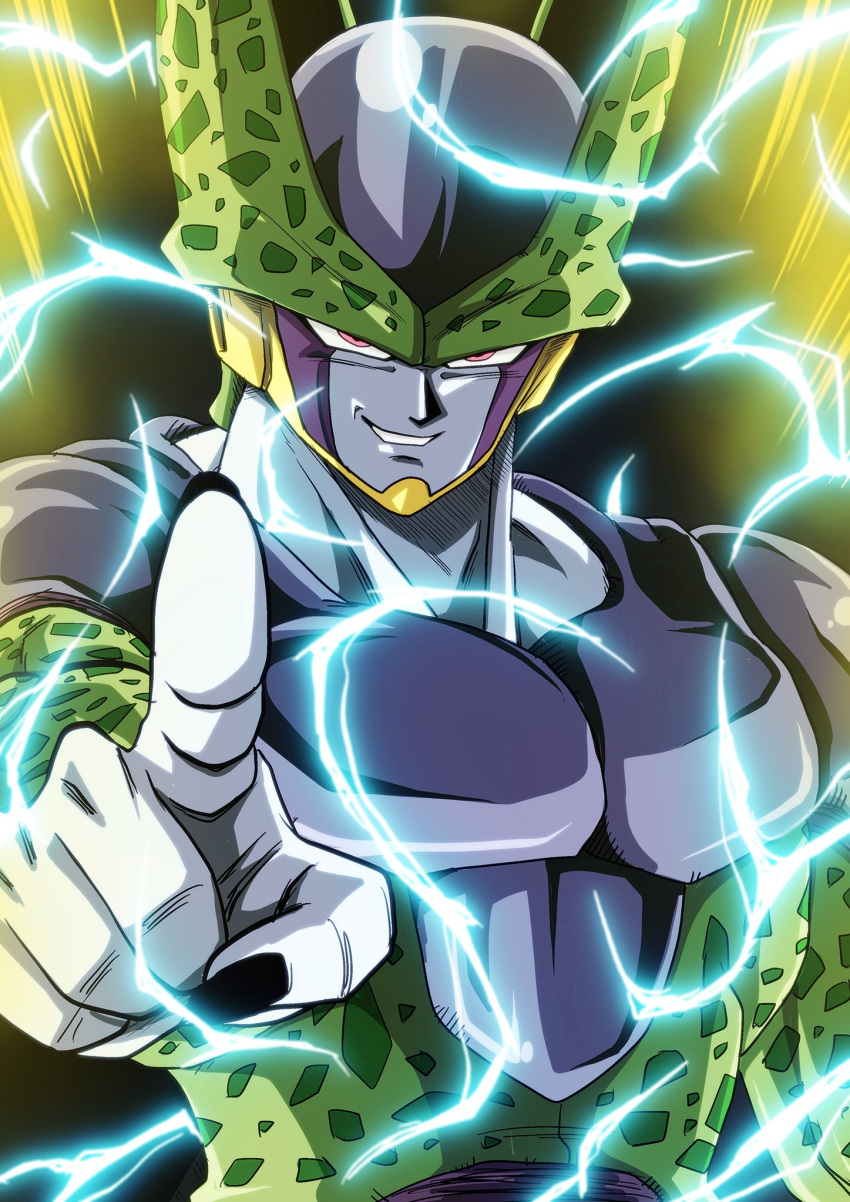 1boy black_nails cell_(dragon_ball) commentary_request dragon_ball dragon_ball_z energy glowing highres kamishima_kanon looking_at_viewer male_focus muscle parted_lips perfect_cell pink_eyes pointing smile solo teeth upper_body