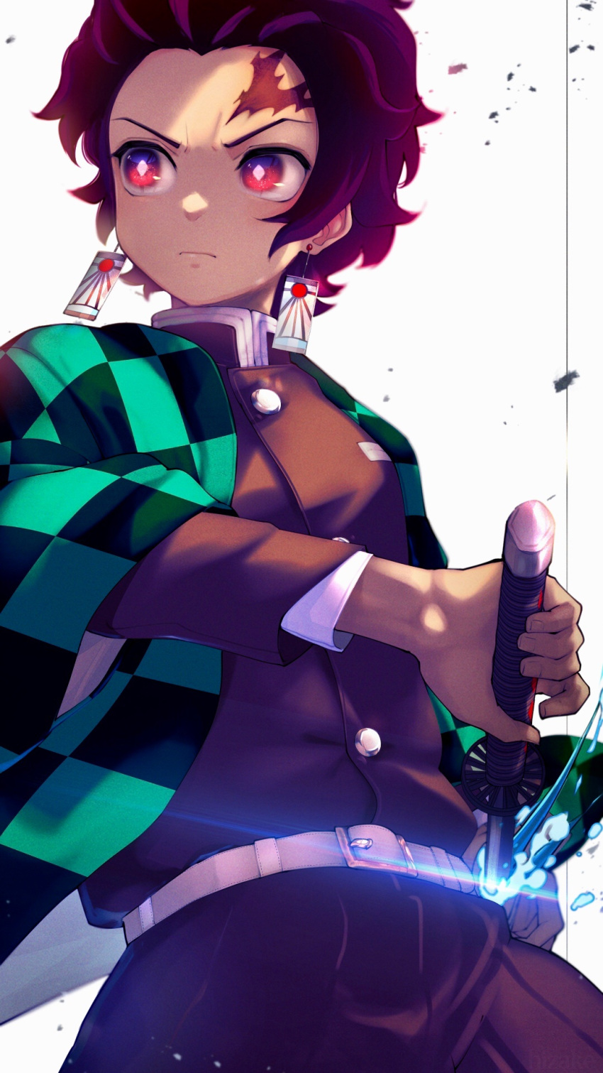 1boy belt black_pants black_shirt checkered checkered_jacket closed_mouth earrings forehead_scar hanafuda haori highres holding holding_sword holding_weapon jacket japanese_clothes jewelry kamado_tanjirou kashu_(hizake) katana kimetsu_no_yaiba long_sleeves male_focus pants red_eyes scar shirt simple_background solo sword weapon white_belt