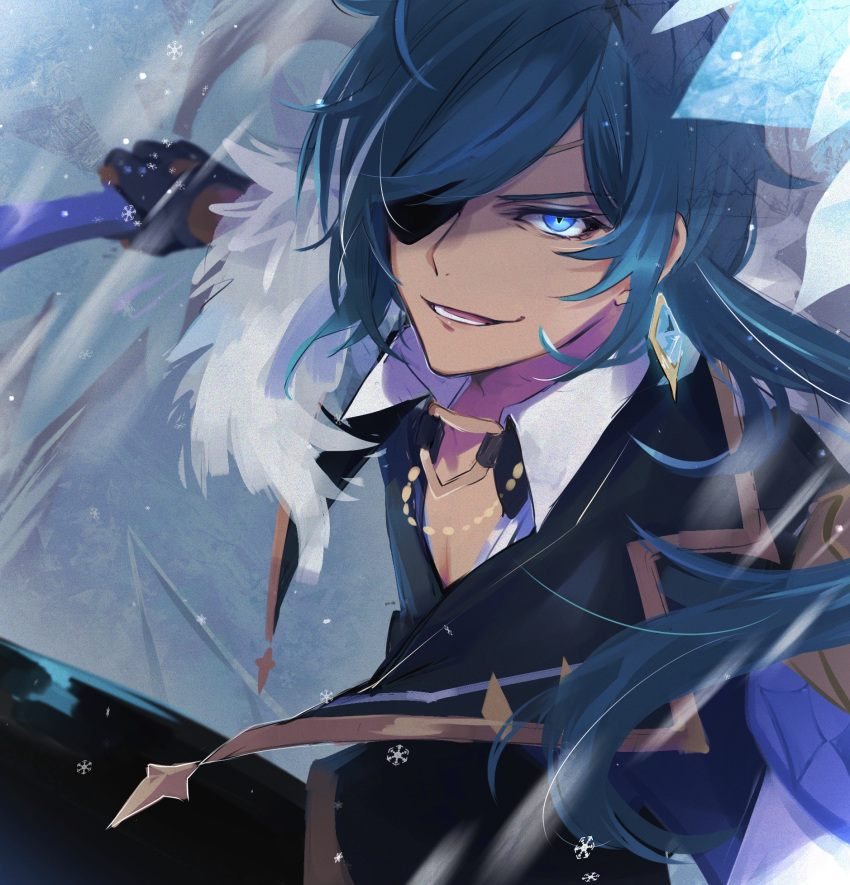 1boy blue_eyes blue_hair commentary_request dark_skin dark_skinned_male earrings eyepatch fur-trimmed_jacket fur_trim genshin_impact gloves glowing glowing_eye glowing_eyes gumilkx hair_over_one_eye highres holding holding_weapon jacket jewelry kaeya_(genshin_impact) long_hair looking_at_viewer lower_teeth male_focus open_mouth sidelocks smile snowflakes solo weapon