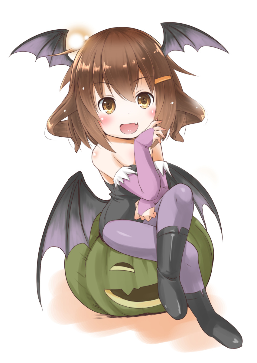 1girl absurdres bat_wings black_footwear black_leotard boots breasts bridal_gauntlets brown_eyes brown_hair commentary_request cosplay crossed_legs demon_girl fang hair_ornament hairclip head_wings highres ikazuchi_(kantai_collection) jack-o'-lantern kantai_collection large_breasts leotard long_hair looking_at_viewer low_wings morrigan_aensland morrigan_aensland_(cosplay) open_mouth pantyhose purple_legwear short_hair simple_background sitting skin_fang smile solo strapless strapless_leotard taisinkoku vampire_(game) white_background wings