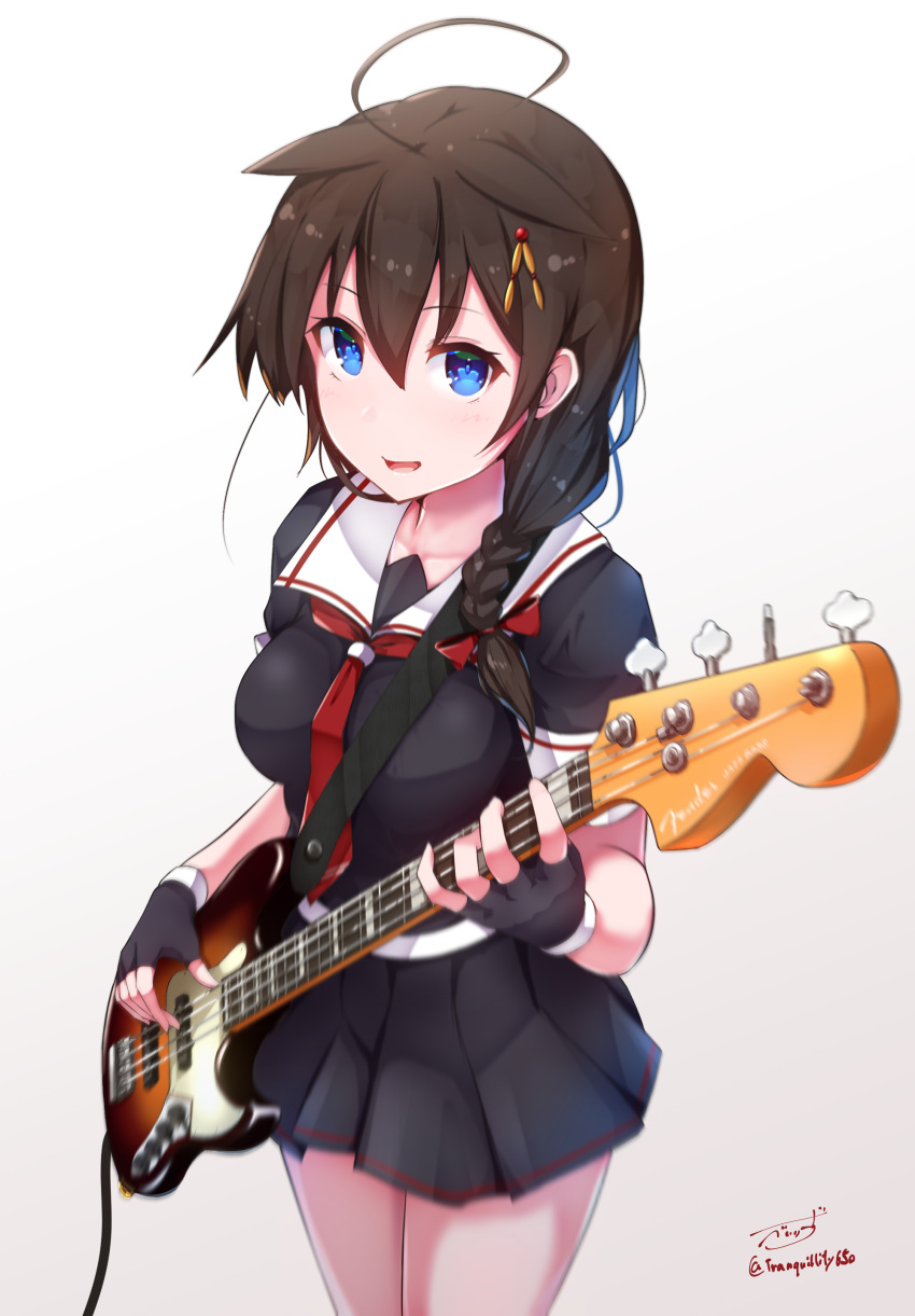 1girl absurdres ahoge artist_name baileys_(tranquillity650) bangs black_skirt blue_eyes blue_serafuku blush braid breasts brown_hair commentary_request electric_guitar eyebrows_visible_through_hair fingerless_gloves gloves guitar hair_between_eyes hair_flaps hair_ornament highres instrument kantai_collection looking_at_viewer medium_breasts neckerchief open_mouth pleated_skirt red_neckwear remodel_(kantai_collection) school_uniform serafuku shigure_(kantai_collection) short_sleeves sidelocks signature simple_background single_braid skirt solo white_background