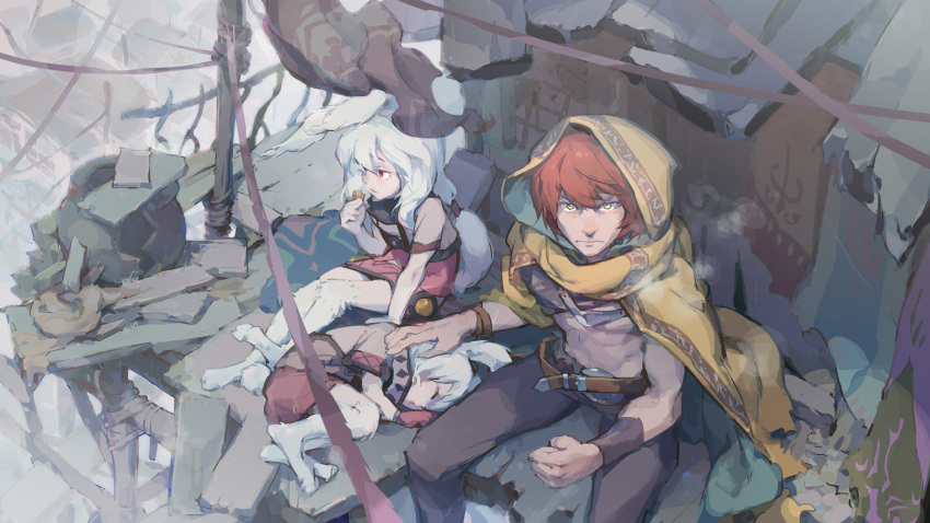 1girl 2boys animal_ears belt black_pants brown_hair clenched_hand eating highres hood leah_(sdorica) lio_(sdorica) long_hair lying multiple_boys nigel_mauriac official_art on_side outdoors pants ponytail rabbit_ears red_eyes rope sdorica sidelocks sitting sleeping tennohi very_long_hair yellow_eyes