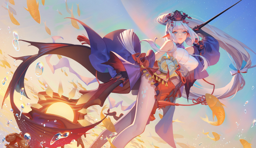 1girl animal_ears blue_eyes claws detached_sleeves droplets fish highres holding holding_staff karesuki long_hair looking_at_viewer low-tied_long_hair onmyoji outdoors ponytail red_nails senhime_(onmyoji) solo staff standing twilight very_long_hair white_hair