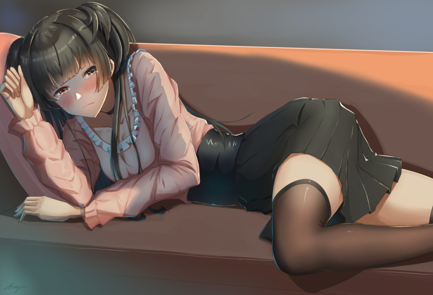 1girl black_hair black_legwear black_skirt blush brown_eyes commentary_request couch frown idolmaster idolmaster_shiny_colors long_hair long_sleeves looking_at_viewer lying mayuzumi_fuyuko on_couch on_side pink_shirt pleated_skirt shirt shogun_(a96040021) skirt solo thigh-highs two_side_up