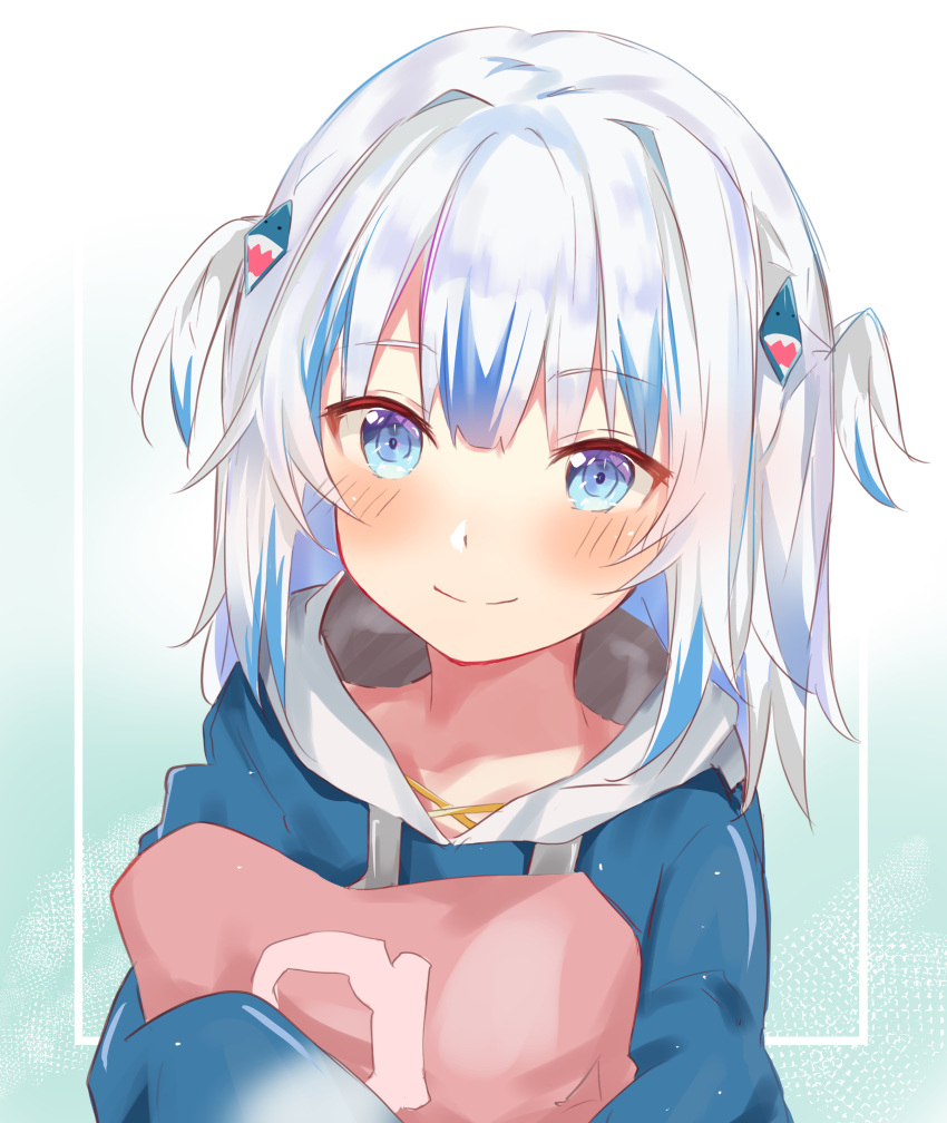 1girl absurdres bangs blue_eyes blue_hoodie blush eyebrows_visible_through_hair gawr_gura gradient gradient_background highlights highres hololive hololive_english hood hoodie long_sleeves looking_at_viewer medium_hair multicolored_hair nono_i831 pillow pillow_hug smile solo twintails upper_body virtual_youtuber white_hair