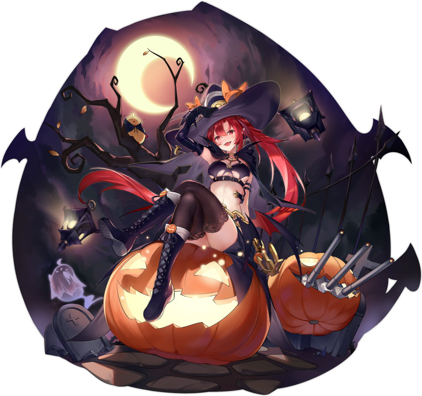 1girl :d arm_up armpits azur_lane bare_tree belt bikini bird black_bikini black_gloves black_headwear black_legwear blue_footwear boots cannon chick crescent_moon crossed_legs demon_wings detached_sleeves fangs full_body ghost gloves grave halloween hat highres jack-o'-lantern kaede_(yumesaki_kaede) knee_boots lamp long_hair looking_at_viewer low_wings manjuu_(azur_lane) moon navel official_art open_mouth pointy_ears ponytail pumpkin red_eyes redhead sidelocks smile solo stomach swimsuit thigh-highs thighs transparent_background tree turret very_long_hair waist_cape wichita_(azur_lane) wichita_(domineering_witchita)_(azur_lane) wings witch_hat