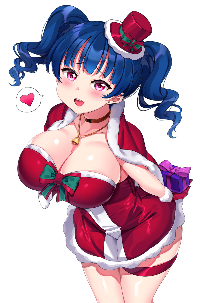 1girl bangs blue_hair breasts gift hair_ornament hat heart highres jewelry long_hair looking_at_viewer love_live! love_live!_sunshine!! necklace open_mouth santa_costume santa_hat smile solo tem10 thigh-highs tsushima_yoshiko violet_eyes