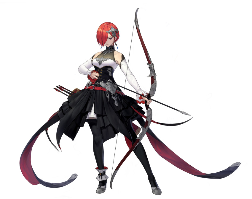 1girl absurdres arrow_(projectile) bare_shoulders black_legwear black_skirt bow_(weapon) breasts closed_mouth contrapposto detached_sleeves double-breasted full_body grey_footwear hair_ornament hair_over_one_eye high-waist_skirt high_heels highres holding holding_arrow holding_bow_(weapon) holding_weapon jaeyeong long_sleeves looking_at_viewer medium_breasts one_eye_covered original pantyhose quiver red_eyes redhead shoes short_hair simple_background skirt solo weapon white_background