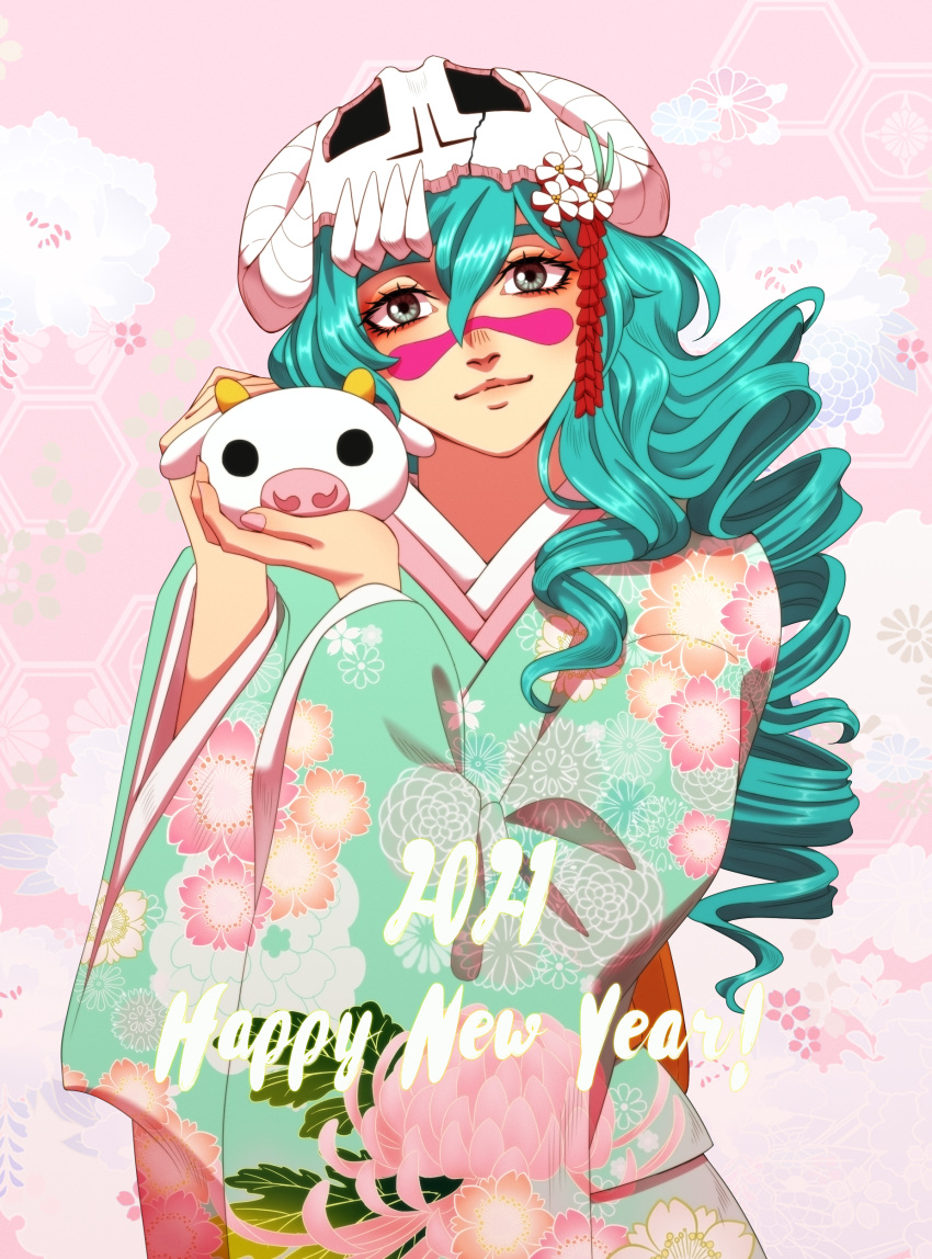 1girl 2021 absurdres alternate_costume alternate_hairstyle animal bleach blue_kimono cow drill_hair facial_mark female floral_print green_hair grey_eyes hair_between_eyes happy_new_year highres holding holding_animal japanese_clothes kimono looking_at_viewer nelliel_tu_odelschwanck new_year pink_background print_kimono skull_on_head solo tsukizawr