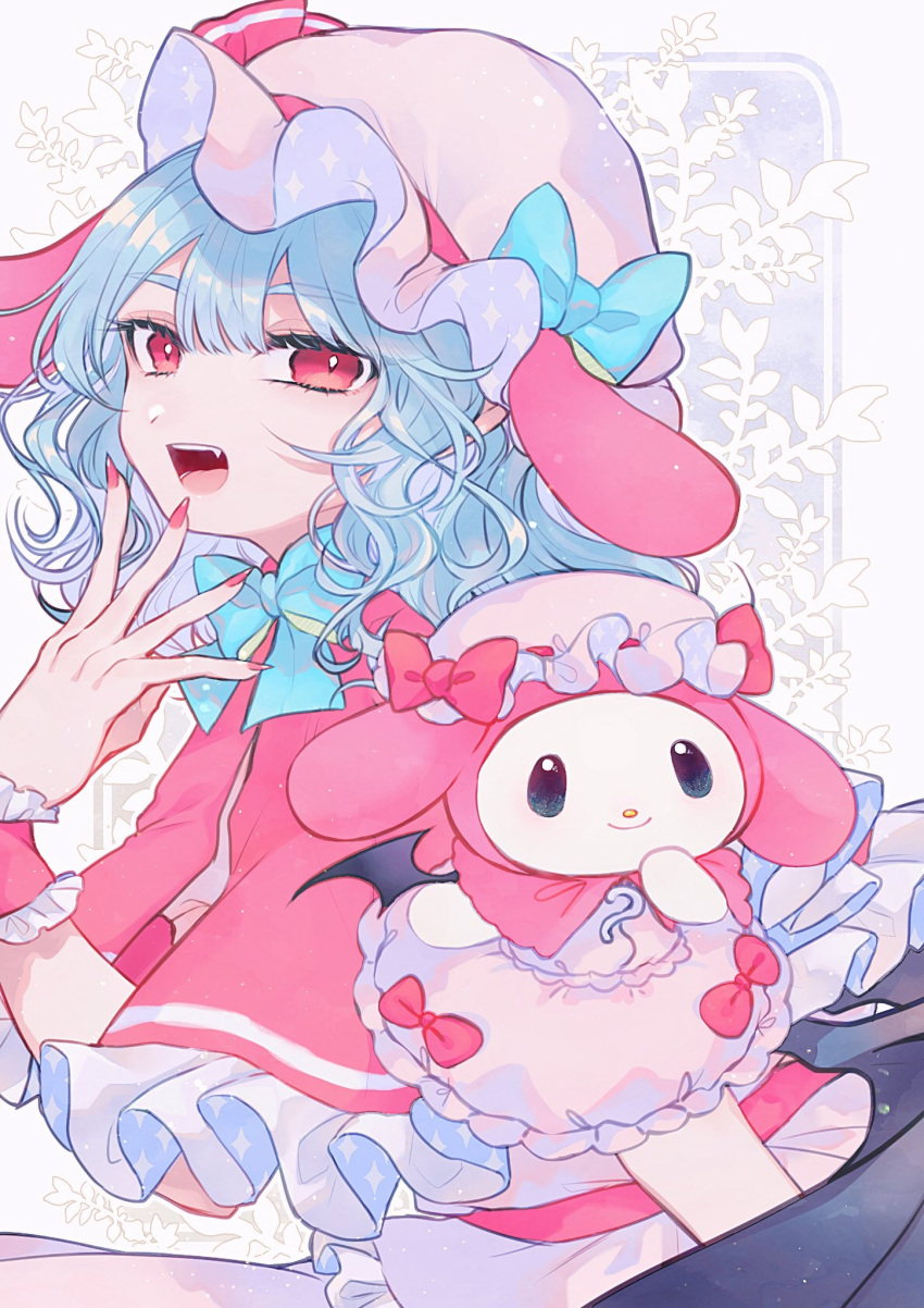 alternate_costume animal_ears bangs bat_wings black_wings blue_bow blue_hair blue_neckwear bow capelet curly_hair dog_ears eyebrows_visible_through_hair eyelashes fang fingernails floral_background frilled_capelet frilled_cuffs frills hand_to_own_mouth hand_up hat hat_bow hat_ribbon highres katai_(nekoneko0720) long_fingernails looking_at_viewer medium_hair mob_cap open_mouth outstretched_hand pink_bow pink_capelet pink_nails red_eyes red_nails remilia_scarlet ribbon sanrio tagme touhou wings