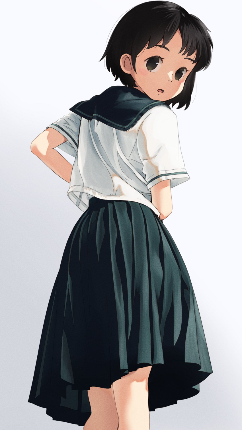 1girl blush bob_cut brown_eyes brown_hair highres legs long_skirt looking_at_viewer looking_to_the_side open_mouth original school_uniform serafuku short_hair simple_background skirt solo standing tariki_fretless thighs uniform white_background