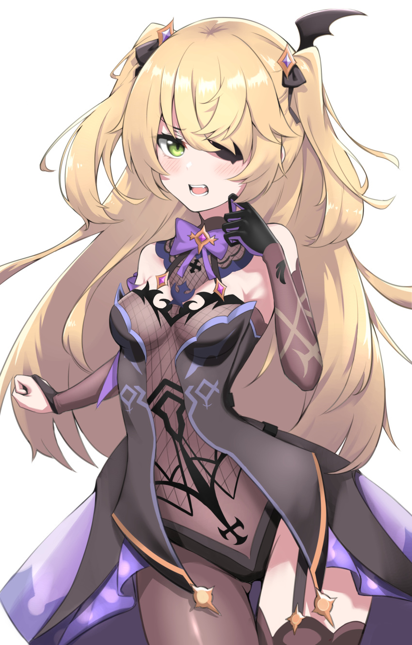 absurdres bangs bare_shoulders black_dress blonde_hair blush bodysuit bow breasts dress eyepatch fischl_(genshin_impact) fishnet_bodysuit fishnets genshin_impact gloves green_eyes hair_over_one_eye hair_ribbon hand_up highres looking_at_viewer medium_breasts open_mouth otakummm purple_bow ribbon simple_background single_glove single_leg_pantyhose solo two_side_up white_background