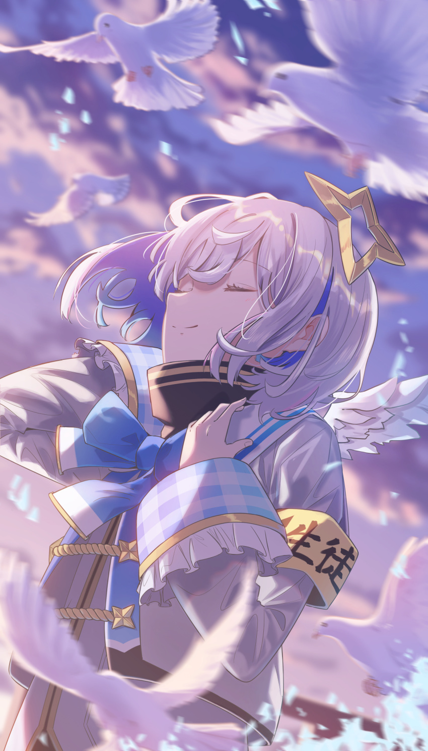1girl absurdres amane_kanata angel_wings armband blue_eyes blue_hair blue_neckwear bow bowtie closed_eyes closed_mouth clouds cloudy_sky colored_inner_hair cropped_jacket frilled_sleeves frills grey_jacket halo high_collar highres hololive jacket long_sleeves multicolored_hair ooyama_ryou pink_hair sailor_collar school_uniform serafuku short_hair silver_hair sky smile streaked_hair sunset virtual_youtuber white_wings wide_sleeves wings