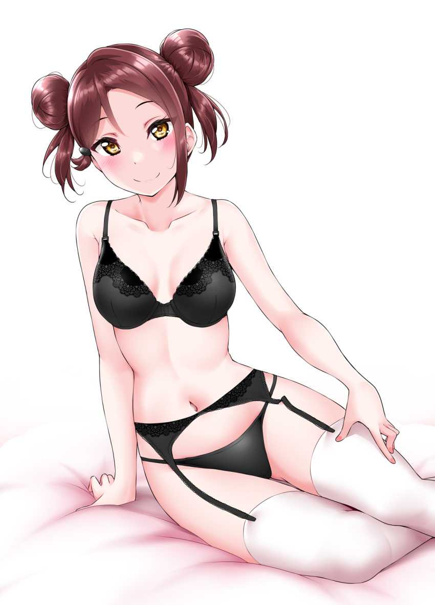 1girl alternate_hairstyle arm_support bangs bare_arms bed black_bra black_panties blush bra breasts breasts_apart collarbone double_bun floral_print garter_belt garter_straps highres looking_at_viewer love_live! love_live!_sunshine!! nail_polish navel on_bed panties redhead sakurauchi_riko sidelocks simple_background sitting small_breasts smile solo string_panties thigh-highs underwear underwear_only white_background white_legwear yellow_eyes yokozuwari yopparai_oni