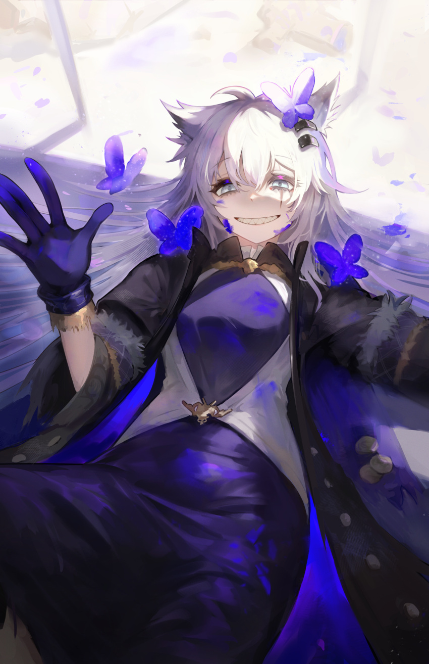 1girl ahoge animal_ears arknights black_coat black_dress black_gloves blue_butterfly blue_eyes blue_gloves breasts bug butterfly butterfly_on_head coat dress gloves greypidjun grin hair_between_eyes hair_ornament hairclip half-closed_eyes hand_up highres insect lappland_(arknights) lappland_(refined_horrormare)_(arknights) long_hair looking_at_viewer lying messy_hair official_alternate_costume on_back open_clothes open_coat parted_lips scar scar_across_eye sharp_teeth small_breasts smile solo teeth wolf_ears wolf_girl