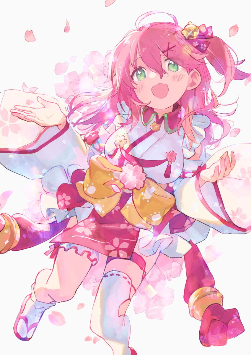 1girl ahoge bell cherry_blossom_print floral_print green_eyes hair_bell hair_ornament hairclip highres hololive looking_at_viewer open_mouth paw_print_pattern petals pink_hair sakura_miko sandals single_thighhigh solo thigh-highs virtual_youtuber white_background white_legwear x_hair_ornament zuho_(vega)