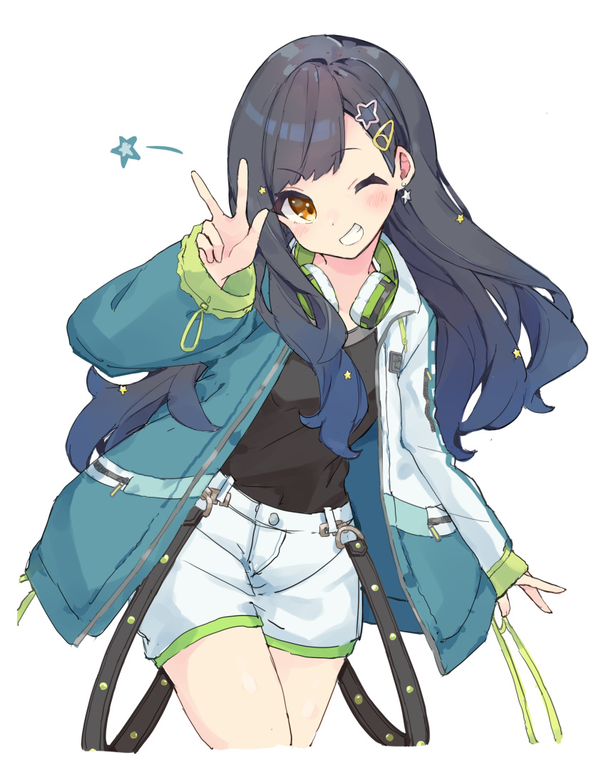 1girl absurdres bangs black_hair black_shirt blue_jacket blush brown_eyes commentary_request eyebrows_visible_through_hair grin hair_ornament hairclip hand_up headphones headphones_around_neck highres jacket long_hair mola_mola one_eye_closed open_clothes open_jacket project_sekai shiraishi_an shirt short_shorts shorts simple_background smile solo star_(symbol) star_hair_ornament very_long_hair w white_background white_shorts